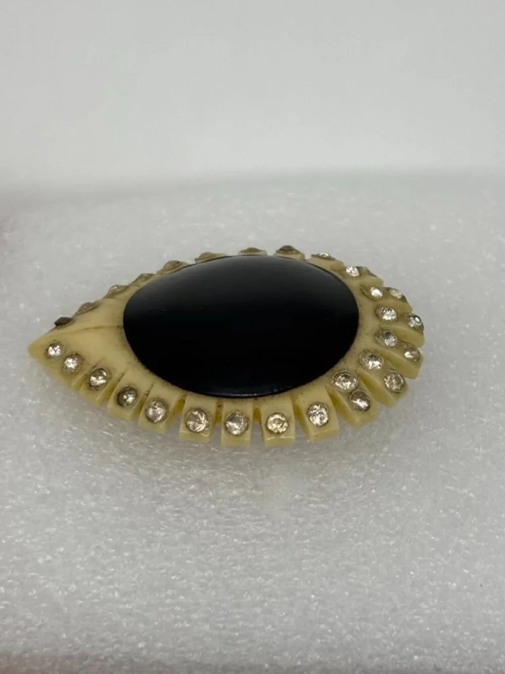 Vintage Celluloid Art Deco Dress Clip Black and Cream With Rhinestones, Unsigned